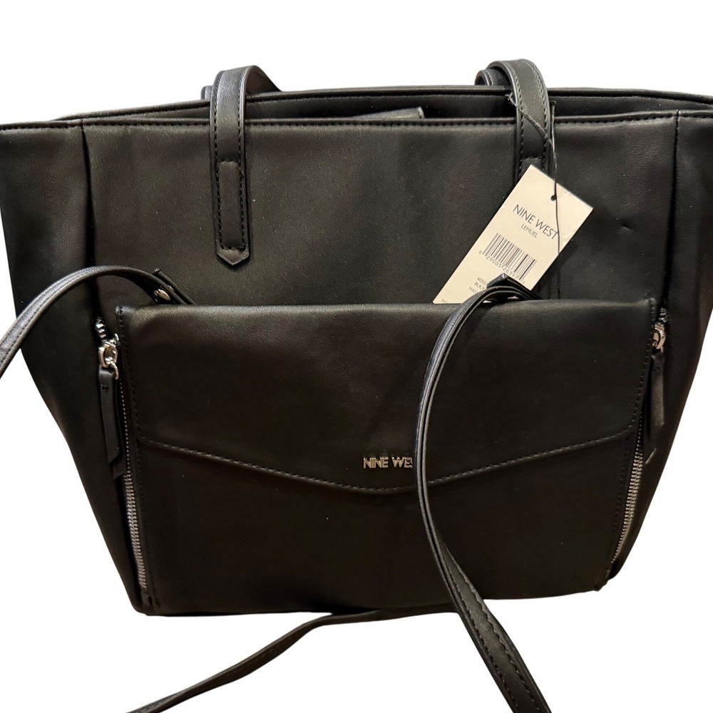Nine West Lemuel Tech Tote Bag NWT Black Faux Leather Laptop Multi Compartment